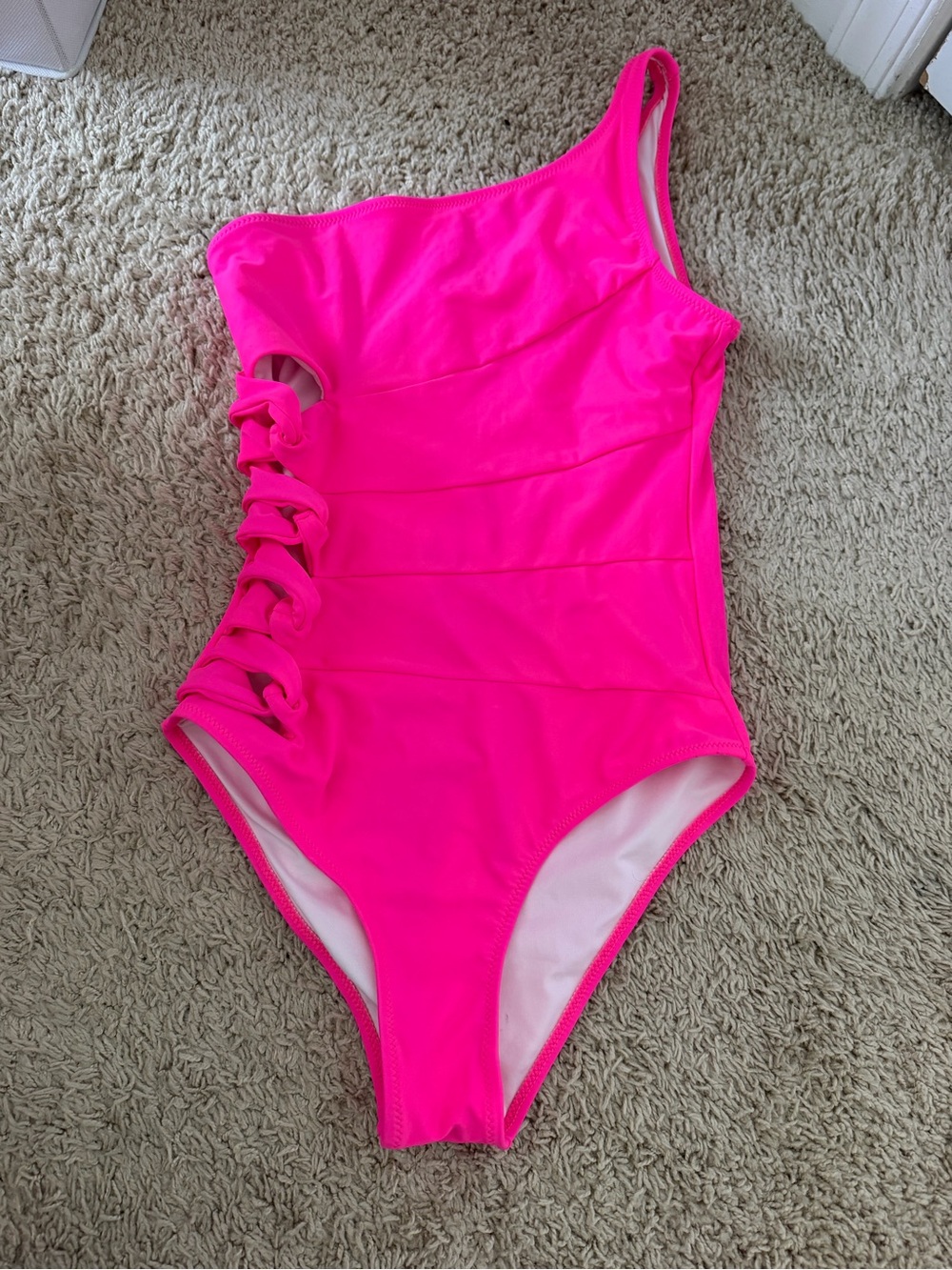 One-Shoulder Neon Pink Women's Cutout Swim One-Piece